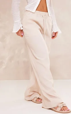 Oatmeal Marl Linen Look Wide Leg Drawstring Pants