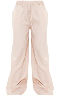 Oatmeal Marl Linen Look Wide Leg Drawstring Pants