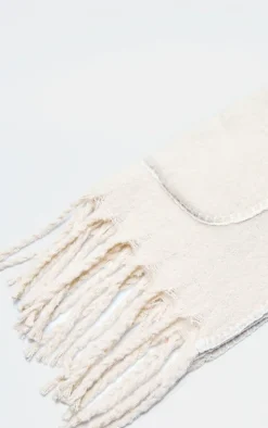 Oatmeal Pocket Stitch Detail Tassel Scarf