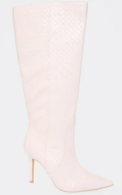Oatmeal PU Point Toe Basket Weave Knee High Boots