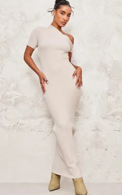 Oatmeal Rib Knit Asymmetric Neck Ruched Side Maxi Dress