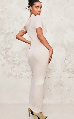 Oatmeal Rib Knit Asymmetric Neck Ruched Side Maxi Dress