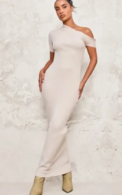 Oatmeal Rib Knit Asymmetric Neck Ruched Side Maxi Dress