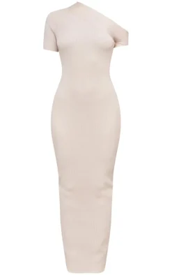 Oatmeal Rib Knit Asymmetric Neck Ruched Side Maxi Dress