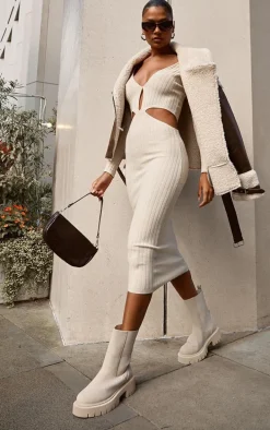 Oatmeal Rib Knit Key Hole Cut Out Midaxi Dress