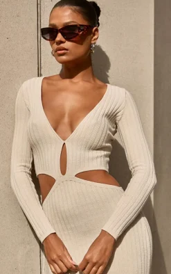Oatmeal Rib Knit Key Hole Cut Out Midaxi Dress