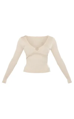 Oatmeal Rib Knit O Ring Long Sleeve Top
