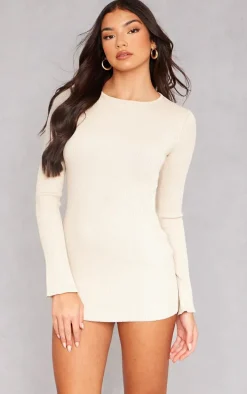 Oatmeal Rib Knit Open Back Mini Dress