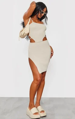 Oatmeal Rib Knit Strappy Back Mini Dress