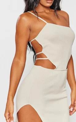 Oatmeal Rib Knit Strappy Back Mini Dress