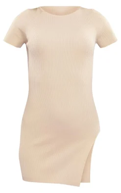 Oatmeal Ribbed Knit Side Split Bodycon Dress