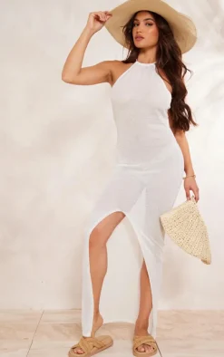 Oatmeal Sheer Knit Halterneck Maxi Beach Dress