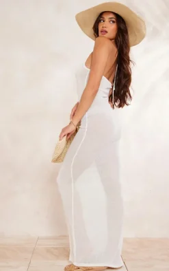 Oatmeal Sheer Knit Halterneck Maxi Beach Dress