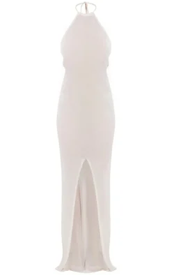 Oatmeal Sheer Knit Halterneck Maxi Beach Dress