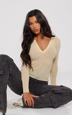 Oatmeal Sheer Rib Knit V Neck Long Sleeve Top