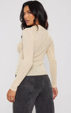 Oatmeal Sheer Rib Knit V Neck Long Sleeve Top