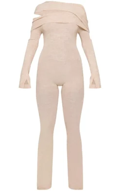Oatmeal Soft Knit Bardot Foldover Asymmetric Neck Jumpsuit