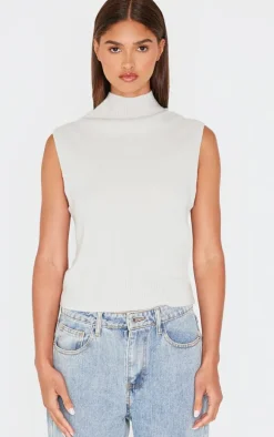 Oatmeal Soft Knit High Neck Sweater Vest