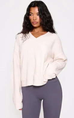 Oatmeal Soft Knit V Neck Oversized Sweater