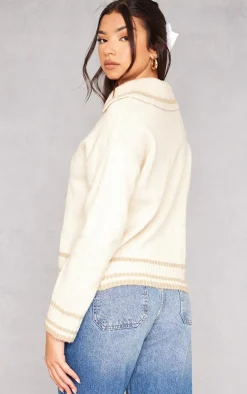 Oatmeal Soft Knit Varsity V Neck Sweater