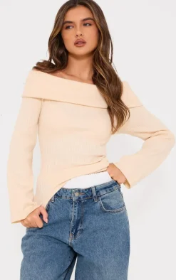 Oatmeal Soft Rib Knit Bardot Foldover Long Sleeve Top