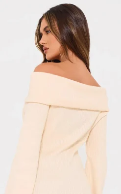 Oatmeal Soft Rib Knit Bardot Foldover Long Sleeve Top