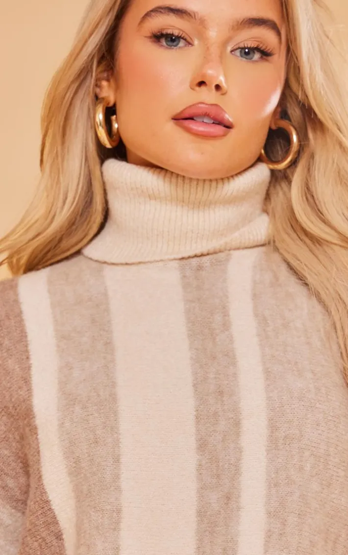Oatmeal Stripe Color Block Knit Roll Neck Sweater