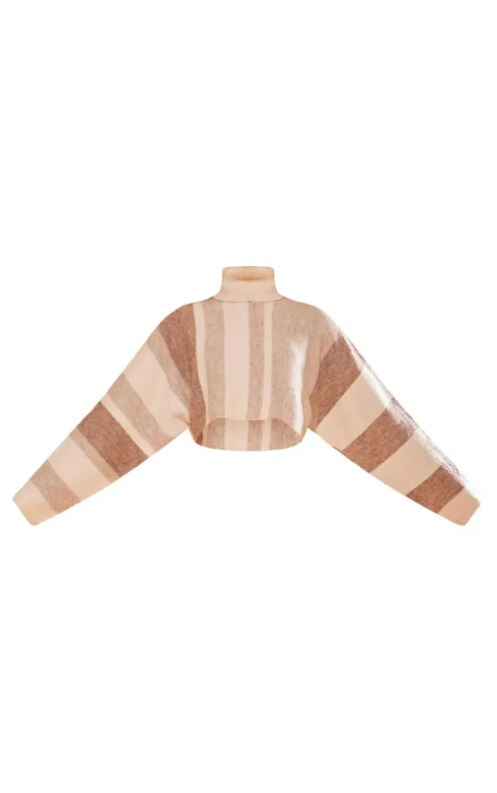 Oatmeal Stripe Color Block Knit Roll Neck Sweater
