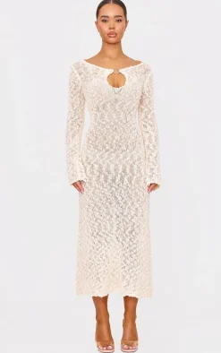 Oatmeal Textured Crochet Knit Long Sleeve Maxi Dress