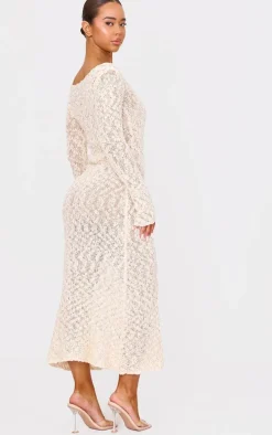 Oatmeal Textured Crochet Knit Long Sleeve Maxi Dress