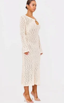 Oatmeal Textured Crochet Knit Long Sleeve Maxi Dress