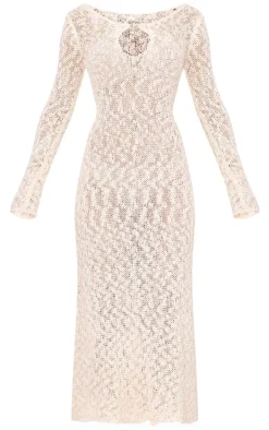 Oatmeal Textured Crochet Knit Long Sleeve Maxi Dress