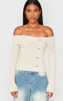Oatmeal Thick Rib Bardot Foldover Button Up Top