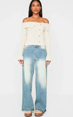 Oatmeal Thick Rib Bardot Foldover Button Up Top