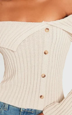 Oatmeal Thick Rib Bardot Foldover Button Up Top