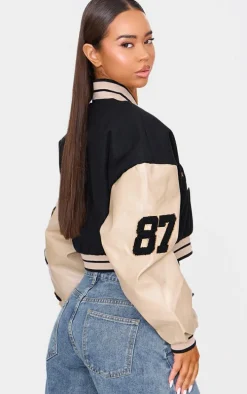 Oatmeal Wool Look Graphic Front Cropped Bomber Jacket