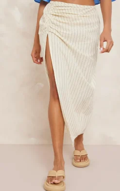 Off White Cotton Pinstripe Ruched Thigh Midi Skirt