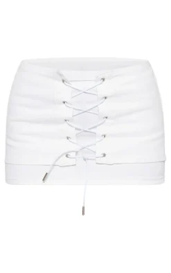 Off White Lace Front Denim Mini Skirt