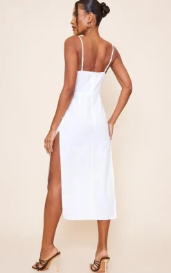 Off White Linen Cowl Neck Binding Detail Midaxi Dress