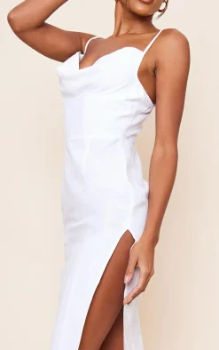 Off White Linen Cowl Neck Binding Detail Midaxi Dress