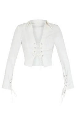 Off White Premium Woven Tie Front Shirt