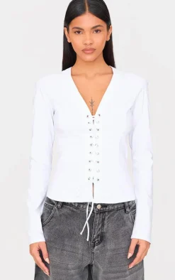 Off White Stretch Woven Tie Front Fitted Shirt