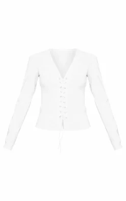 Off White Stretch Woven Tie Front Fitted Shirt