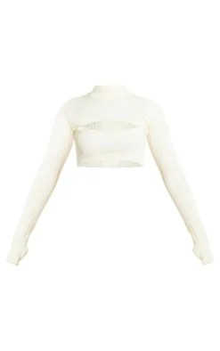 Off White Wide Snatched Rib High Neck Bind Detail Crop Top