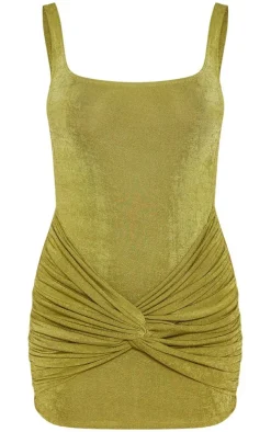 Olive Acetate Slinky Knot Twist Square Neck Bodycon Dress