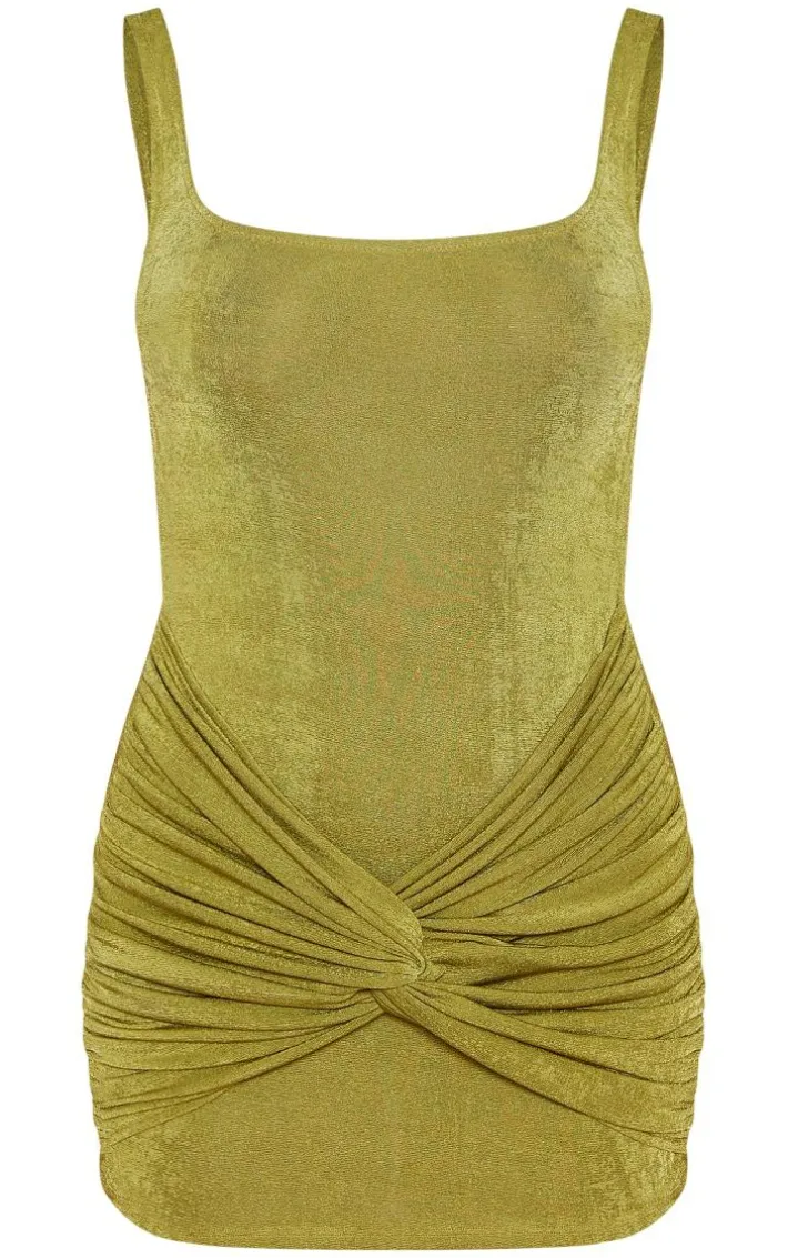 Olive Acetate Slinky Knot Twist Square Neck Bodycon Dress