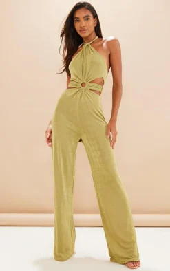 Olive Acetate Slinky Ring Detail Cut Out Halter Jumpsuit