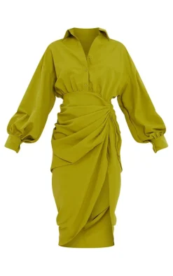 Olive Balloon Sleeve Gathered Skirt Midi Shirt Dress