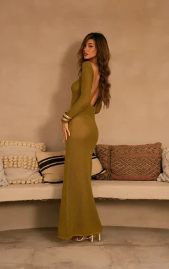 Olive Basic Crochet Knit Open Back Maxi Dress