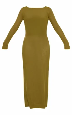 Olive Basic Crochet Knit Open Back Maxi Dress